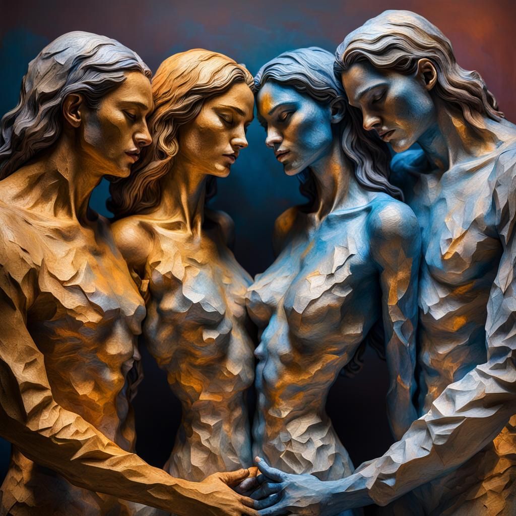 Hyperrealistic Paper Mache Sculpture of Four Lovers