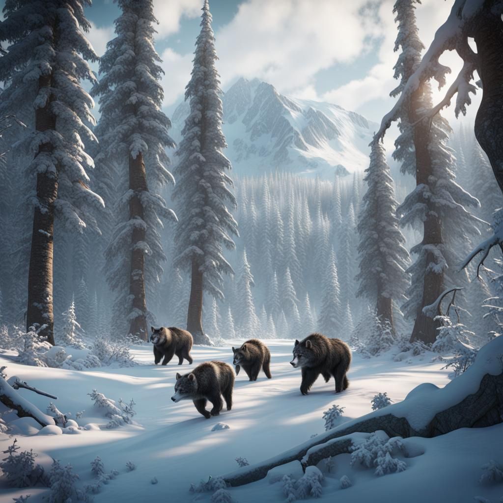 Snowy Alaskan Forest with Animals in Detailed Matte Painting