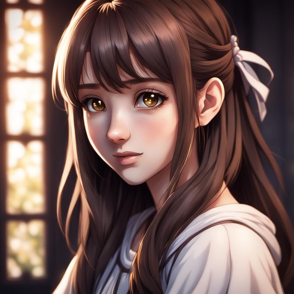 Ethereal Anime Portrait: Brunette Girl with Shy Smile