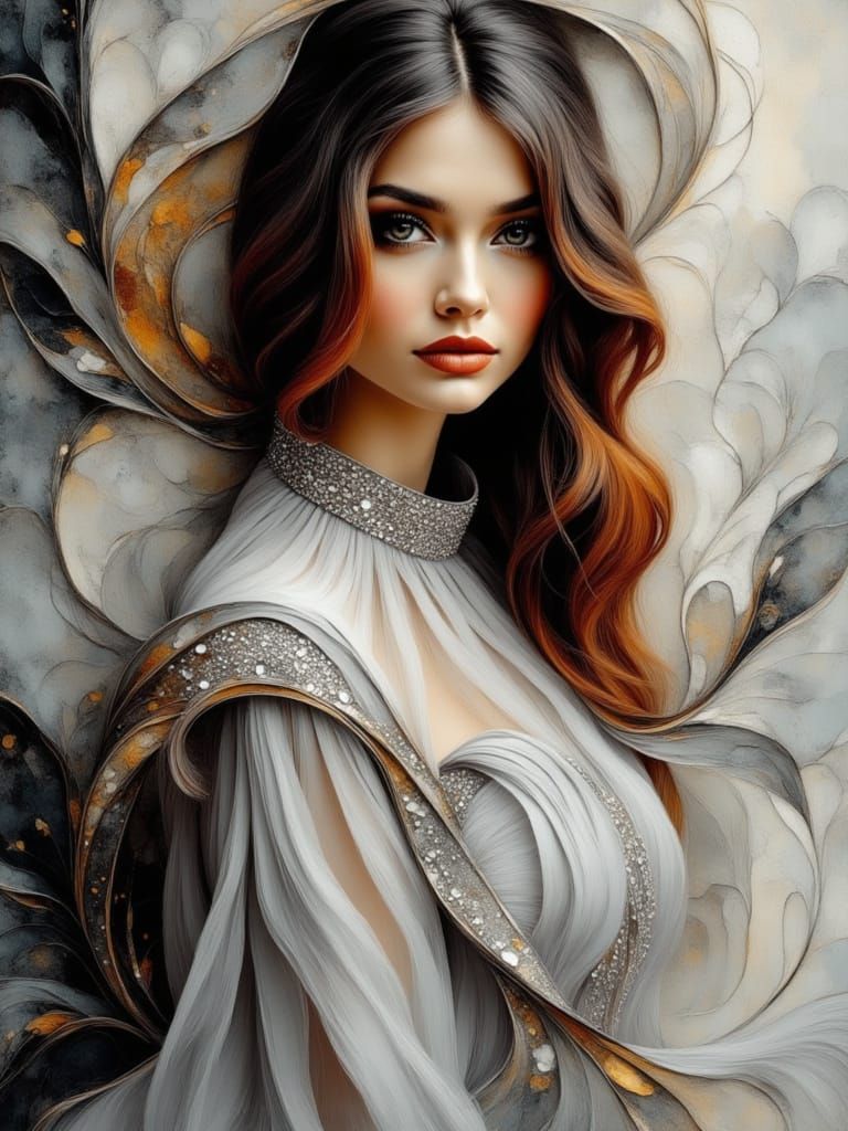 She wears grey chiffon