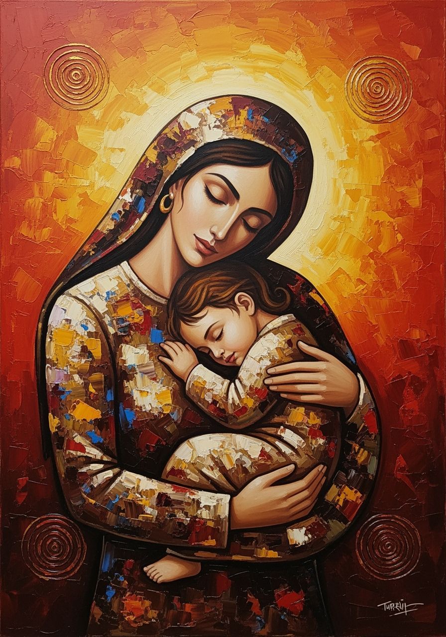 Anatolian Mother and Child Painting in Turgut Zaim Style