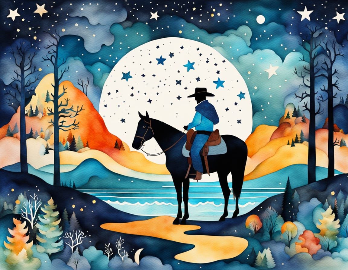 Surreal Cowboy Landscape with Starry Sky