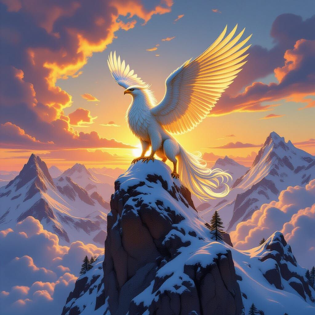 Golden Griffin Perched on Mountain Peak at Sunrise