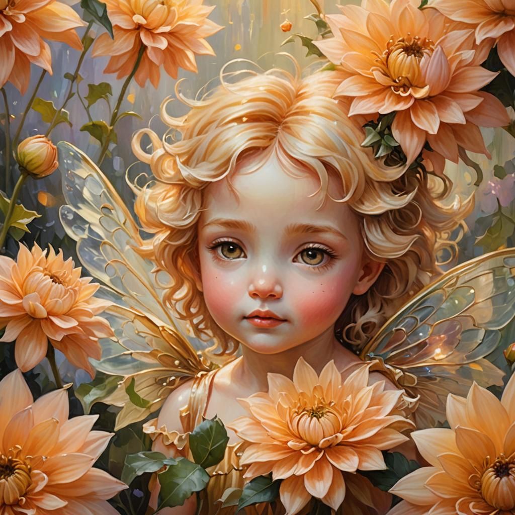 Baby Fairy in Apricot Dahlia: Impressionist Oil Painting