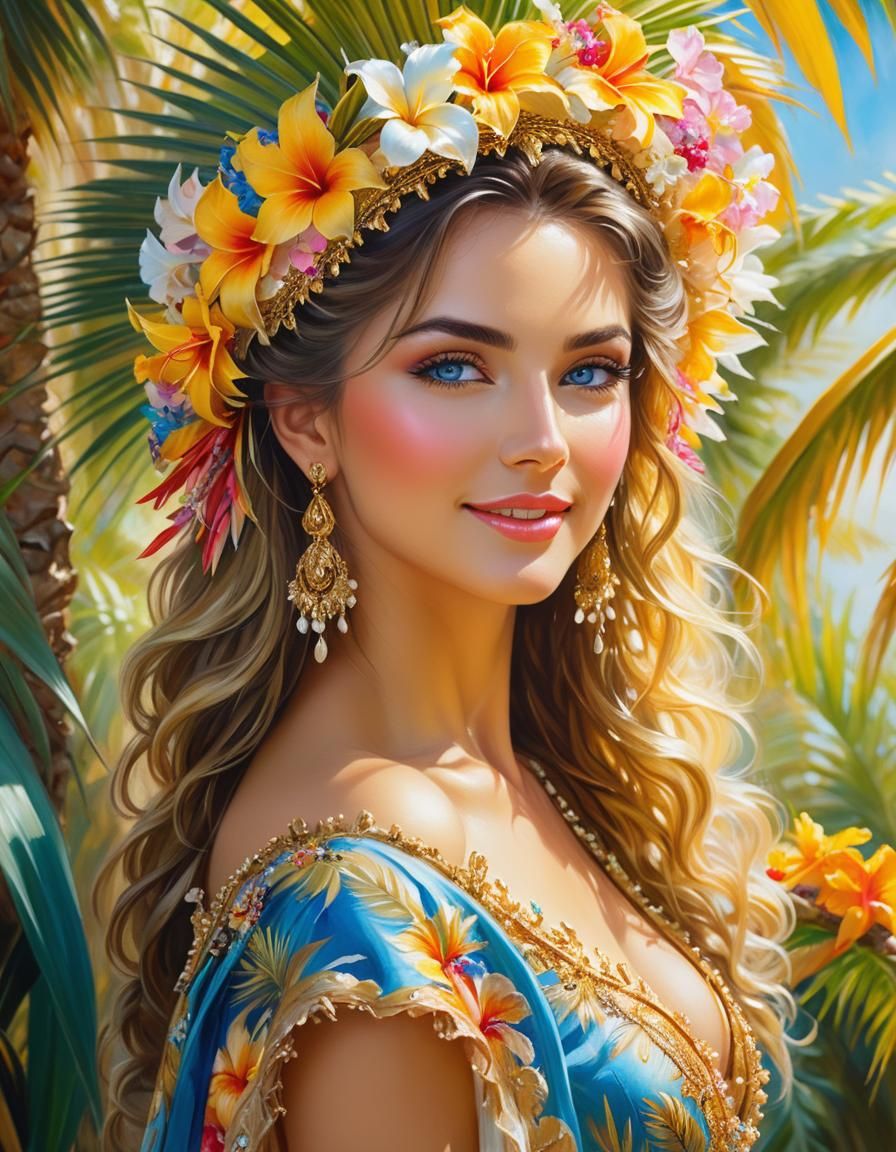 Woman Smiling in Tropical Oil Painting by Royo