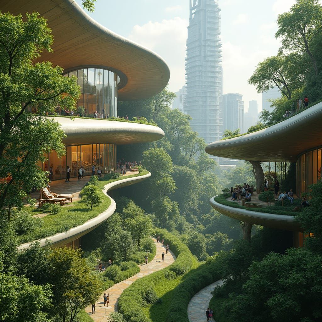 Futuristic Garden with Organic Pods and Skyscrapers