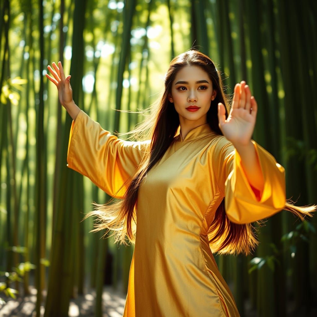 Tai Chi Master in Bamboo Forest: Cinematic Film Still
