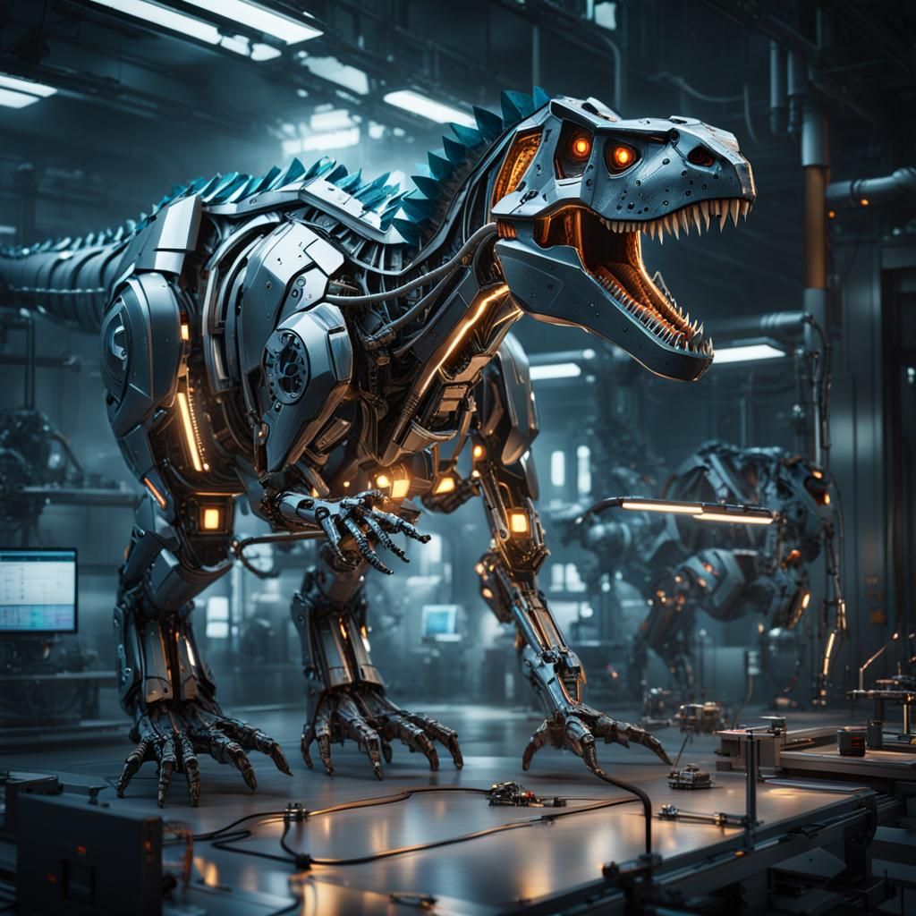 A metallic plated and wired robotic dinosaur evoking prehist...