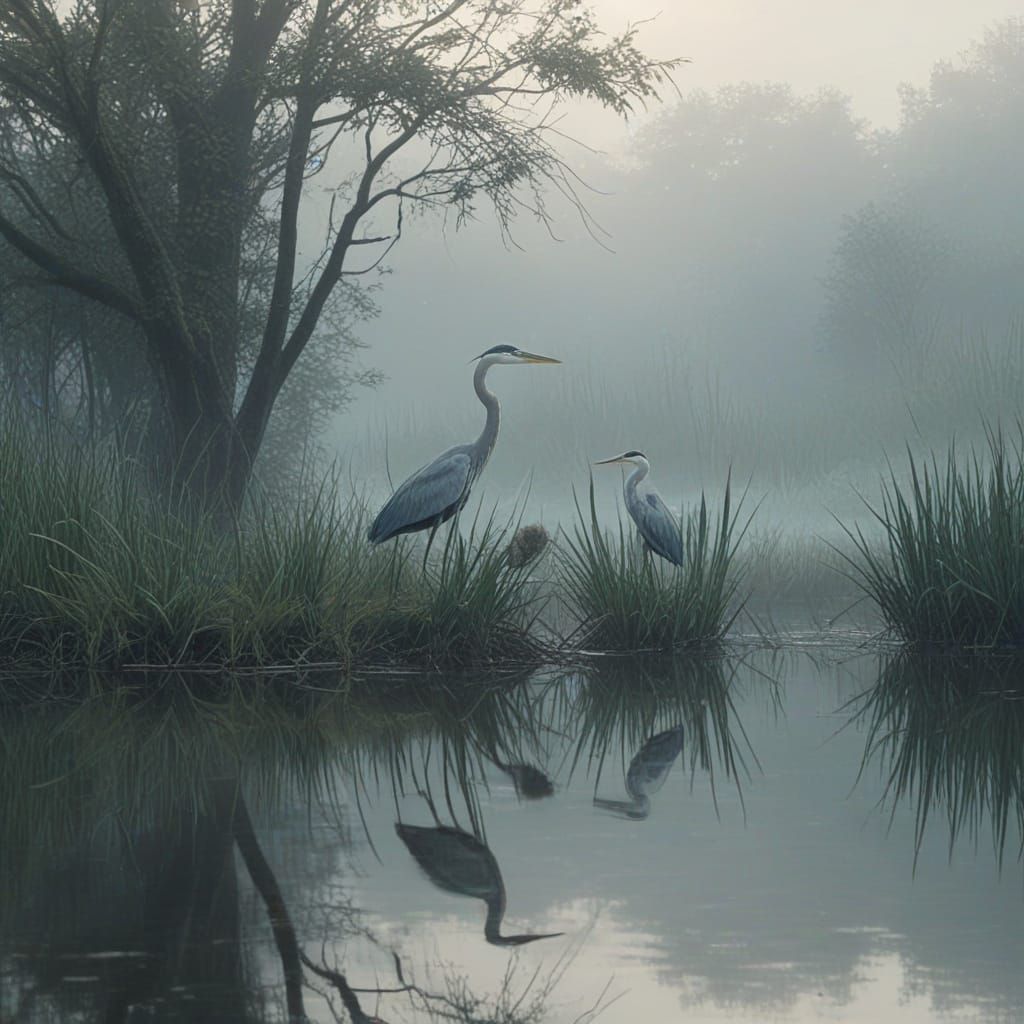 Misty Wetland Herons Reflections in Digital Matte Painting