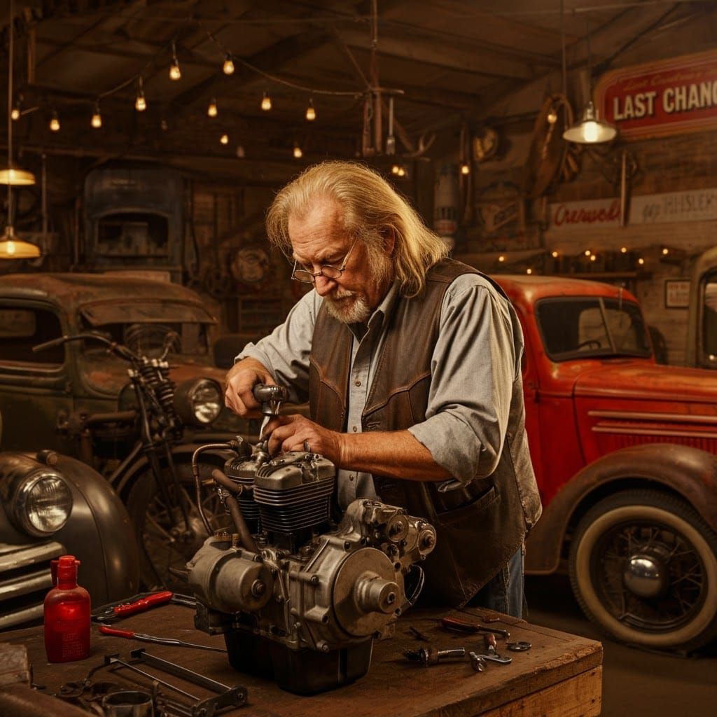 Nostalgic Garage Scene with Eccentric Mechanic