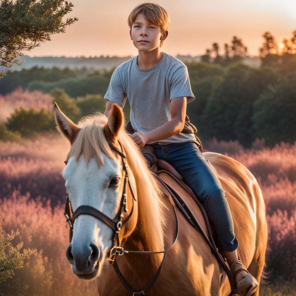 Boy Rides Horse Through Heath at Sunset