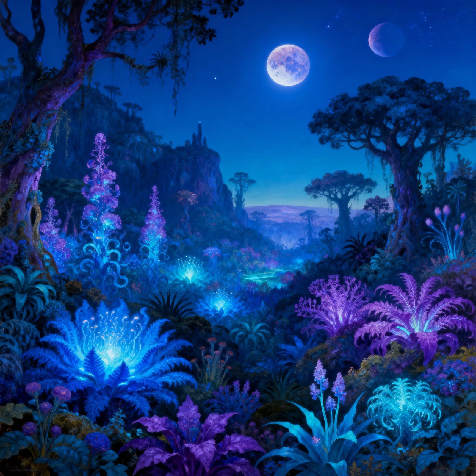 Fantasy Jungle Landscape of Dhazha with Bioluminescent Flora