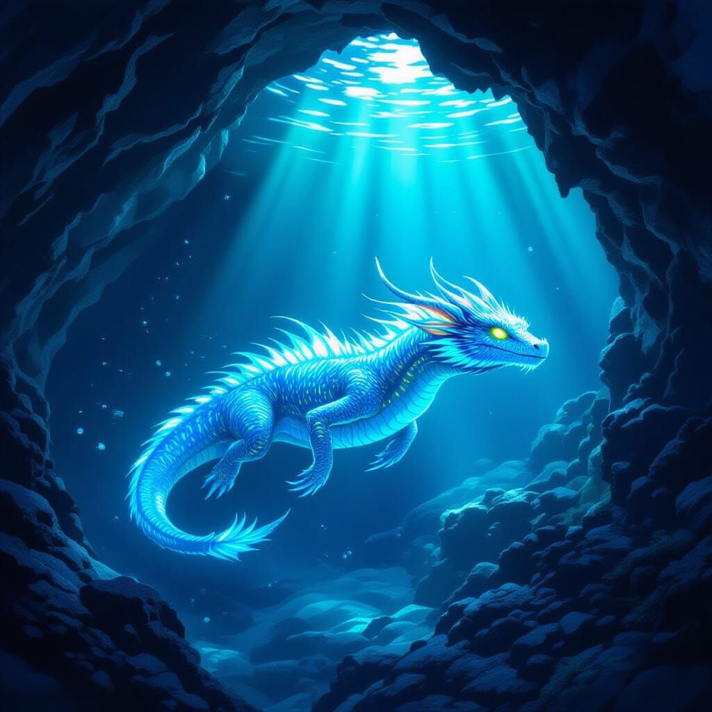 Bioluminescent Dragon in Underwater Cave, Digital Painting