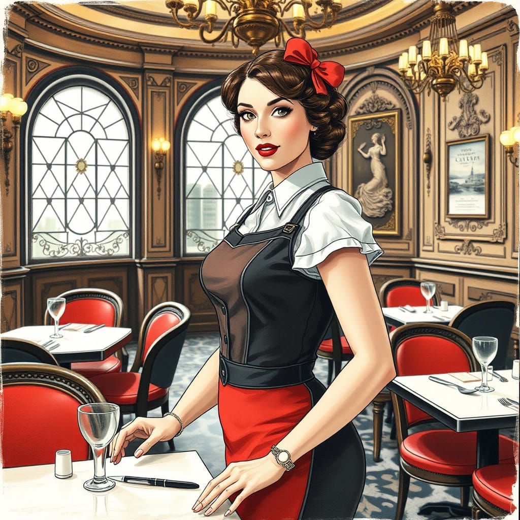 Vintage Waitress Serves Up Flair in Ornate Restaurant Settin...