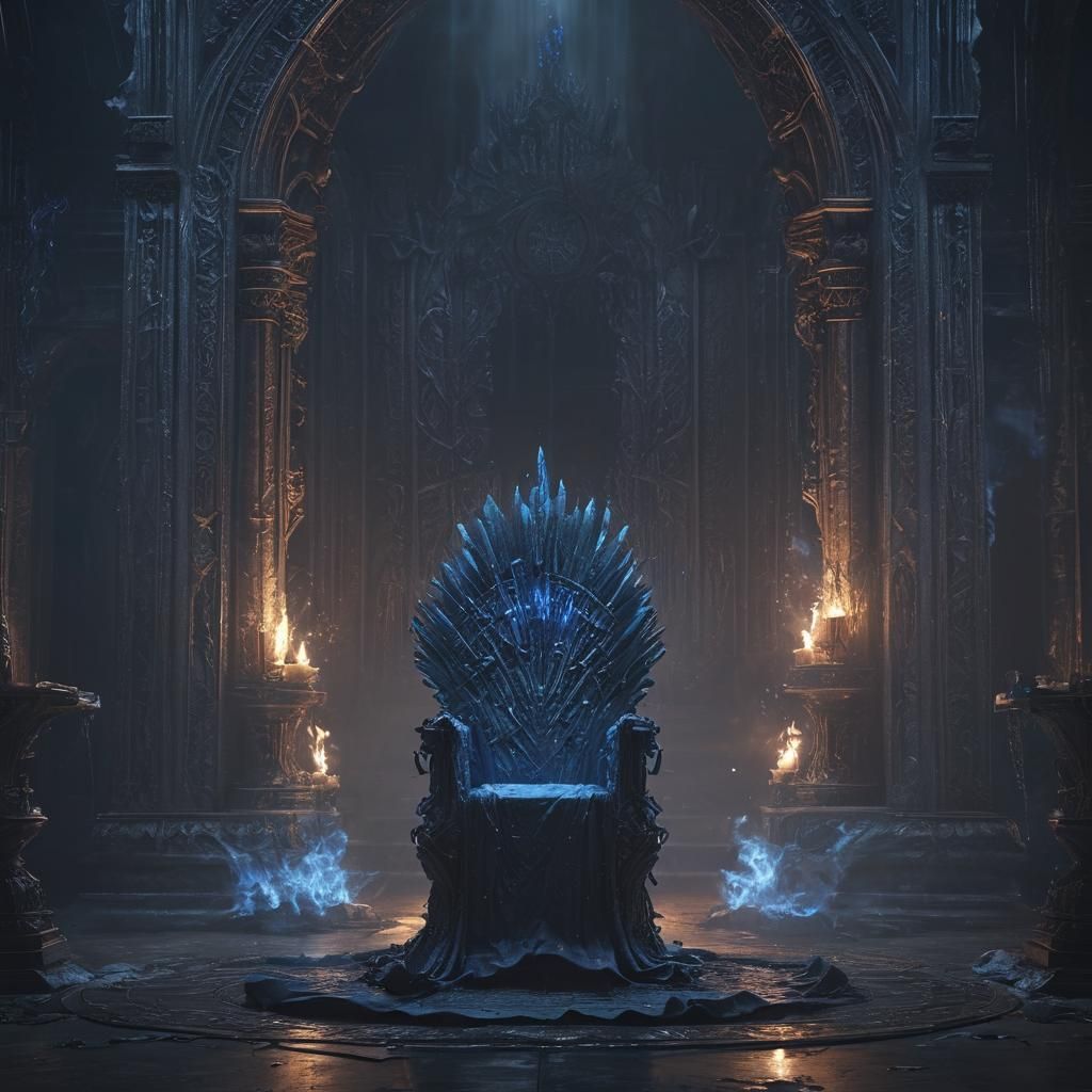 Blue Flame Throne in Dark Aura: Digital Matte Painting