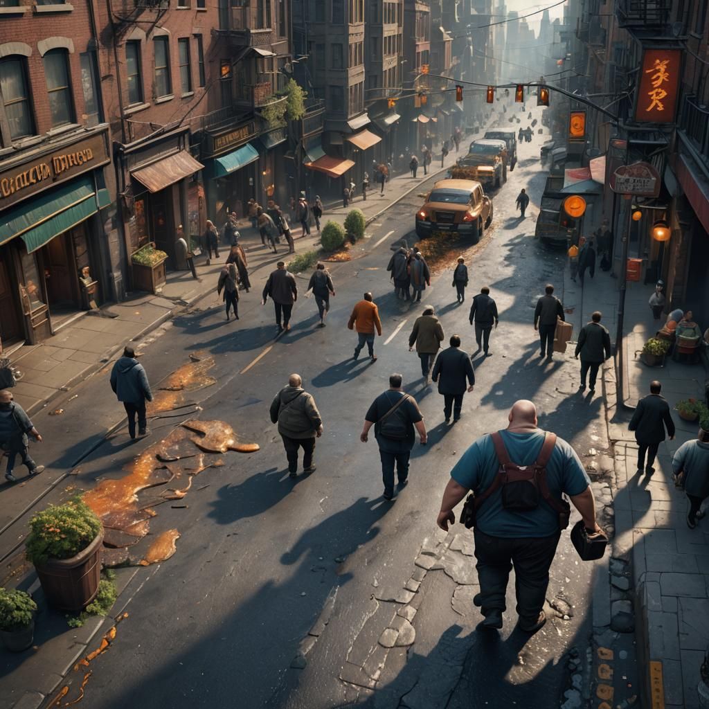 Very Fat Man Walks City Street: Matte Painting
