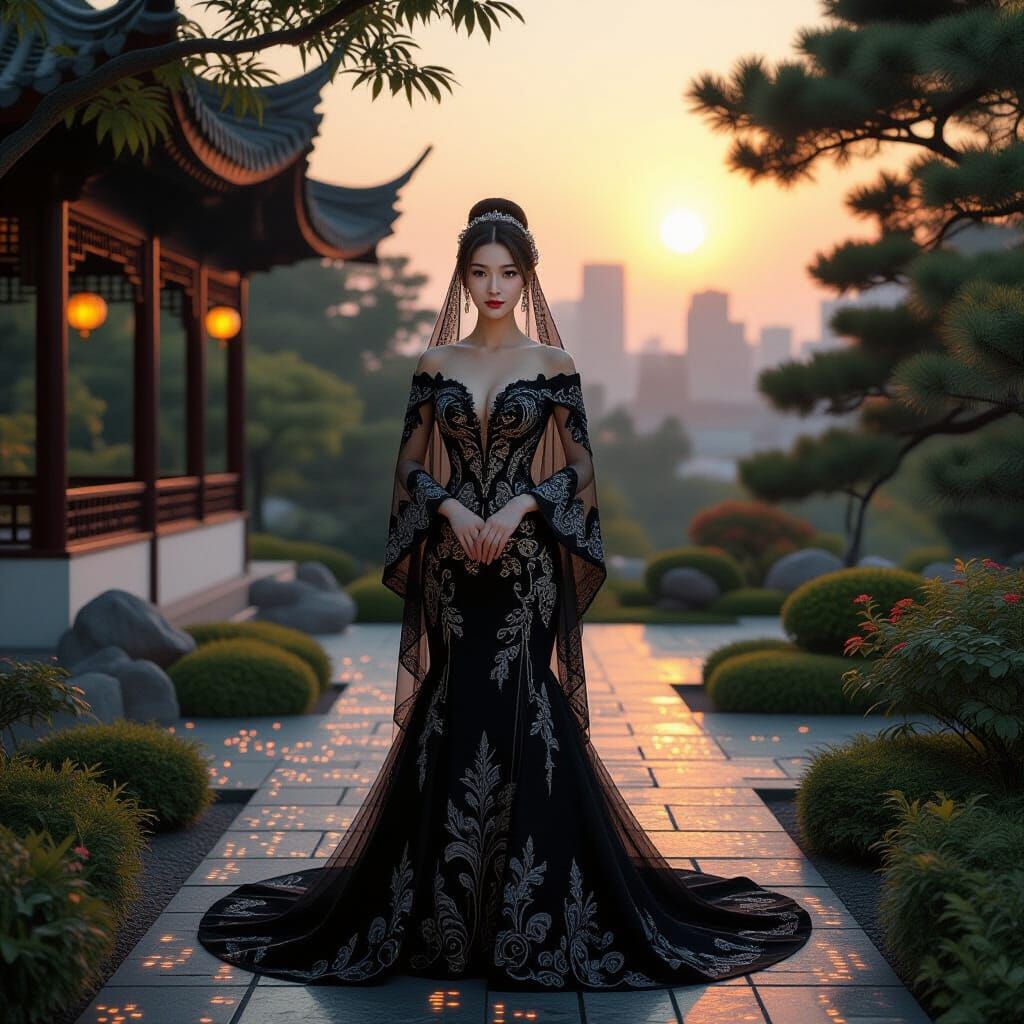 Chinese Bride in Black Dress in Futuristic Garden