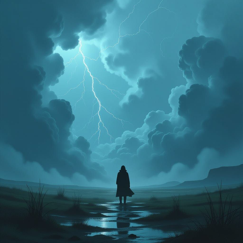 Dystopian Figure in Stormy Landscape, Gritty Art