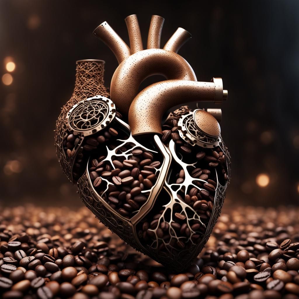 Mechanical Heart Made of Coffee Beans, Detailed Art