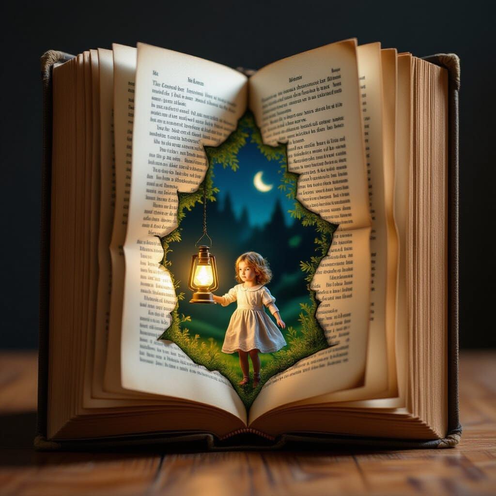 Miniature Girl Enters Book Portal with Lamp