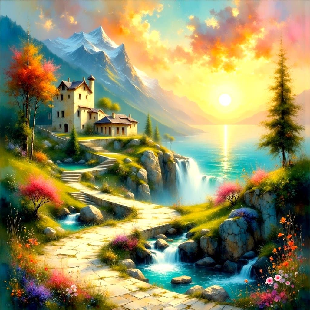 Fantasy Landscape with Waterfall in Dreamlike Sunset