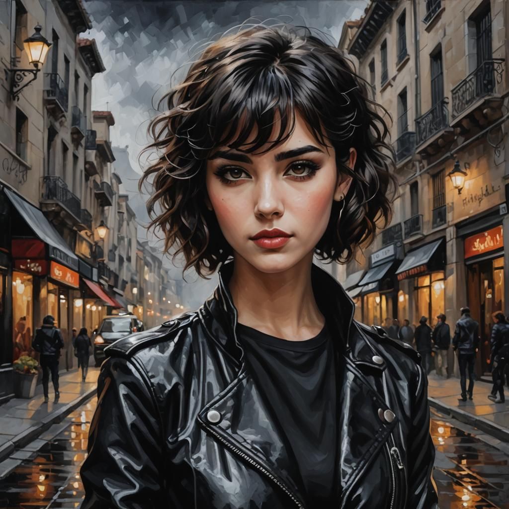 Elegant Gothic Spanish Woman in Leather Jacket