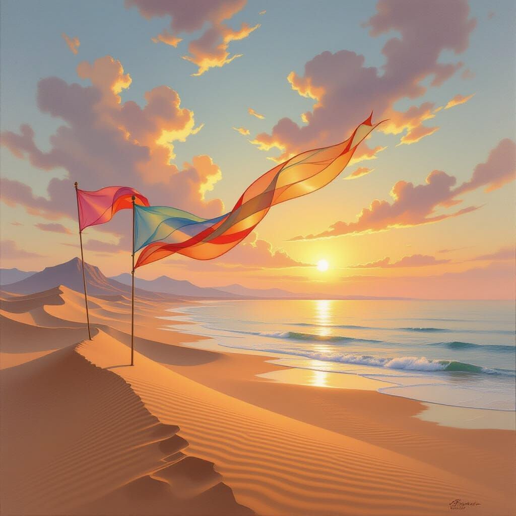 Silk Road Landscape Oil Painting with Desert Winds and Sunri...