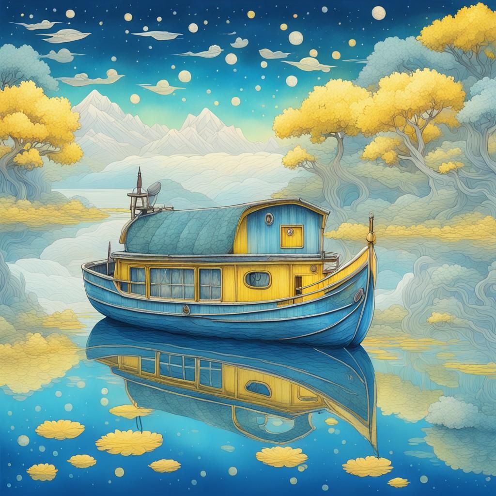 Chibi Boat on Serene Lake in Anime Style