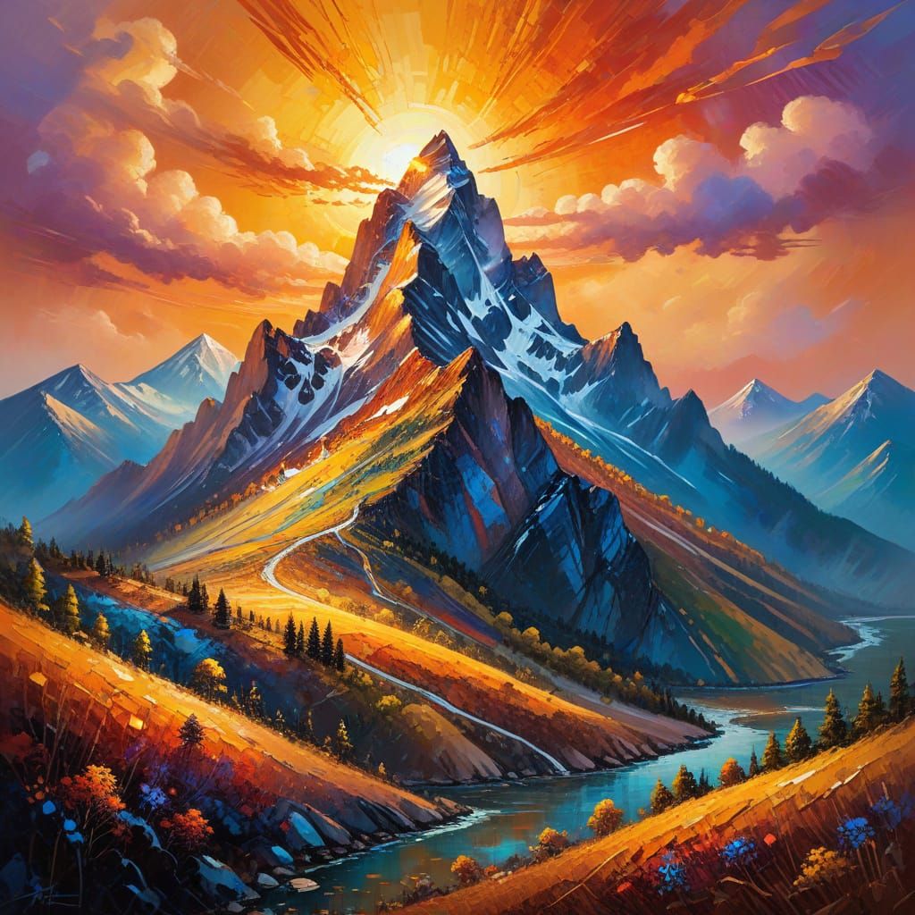 Fantasy Mountain Sunset in Neo-Impressionistic Style