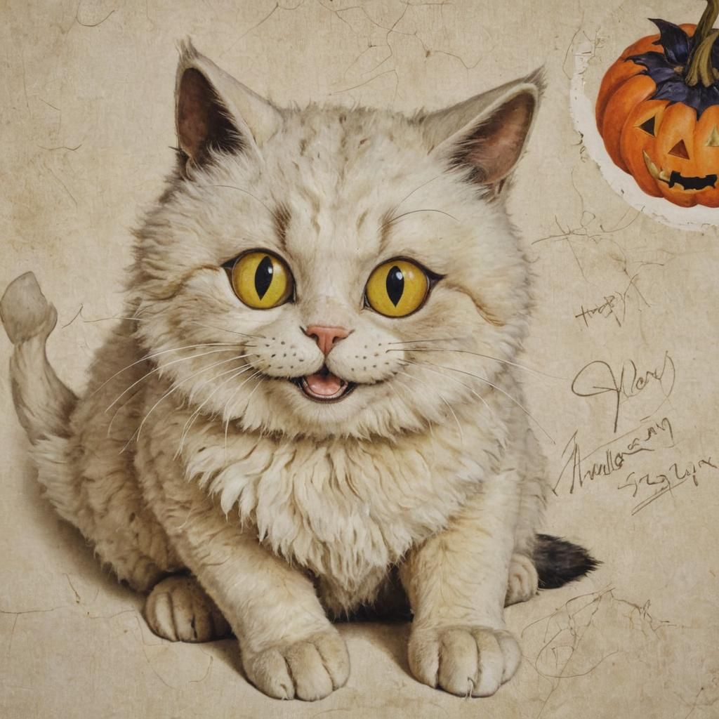 Smiling Halloween Cat in Chagall and Snyders Style