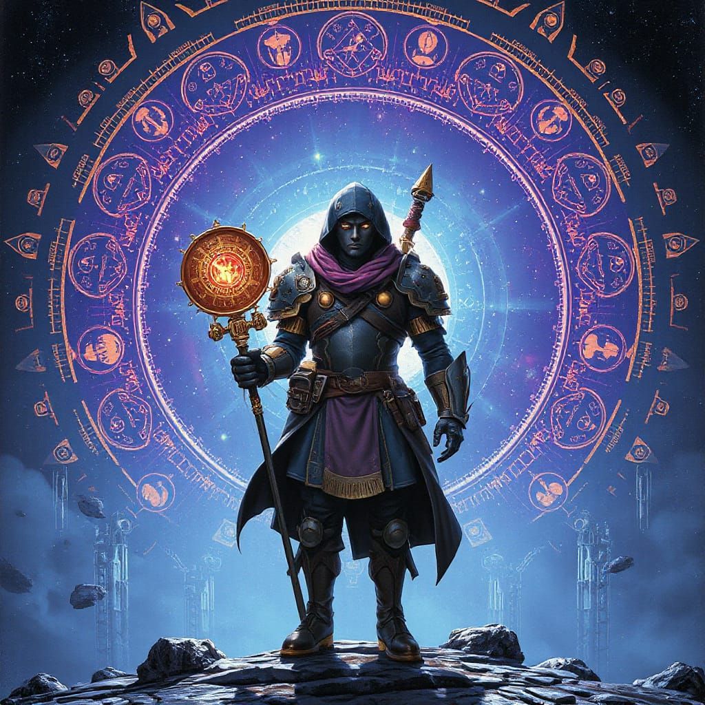 Steampunk Space Traveler Stands Before Celestial Portal