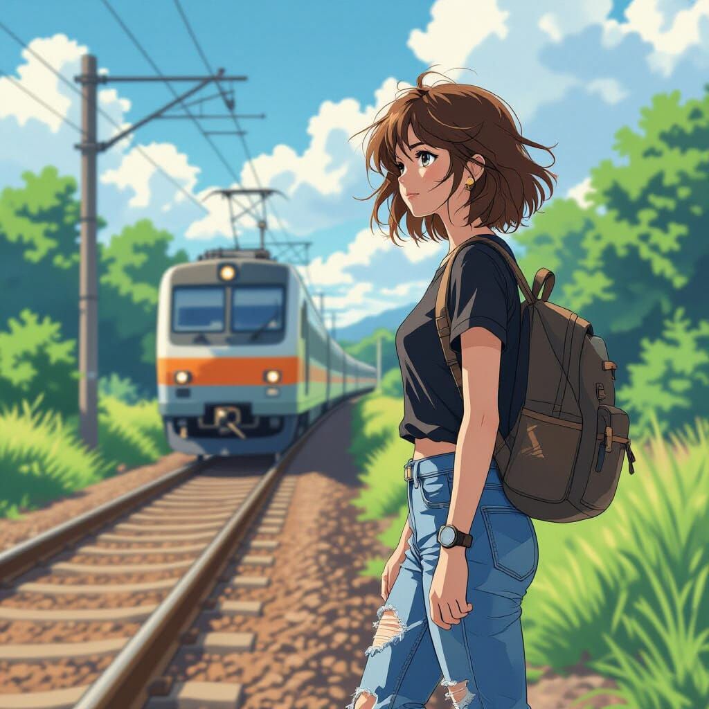 Anime Woman Walks Beside Approaching Train
