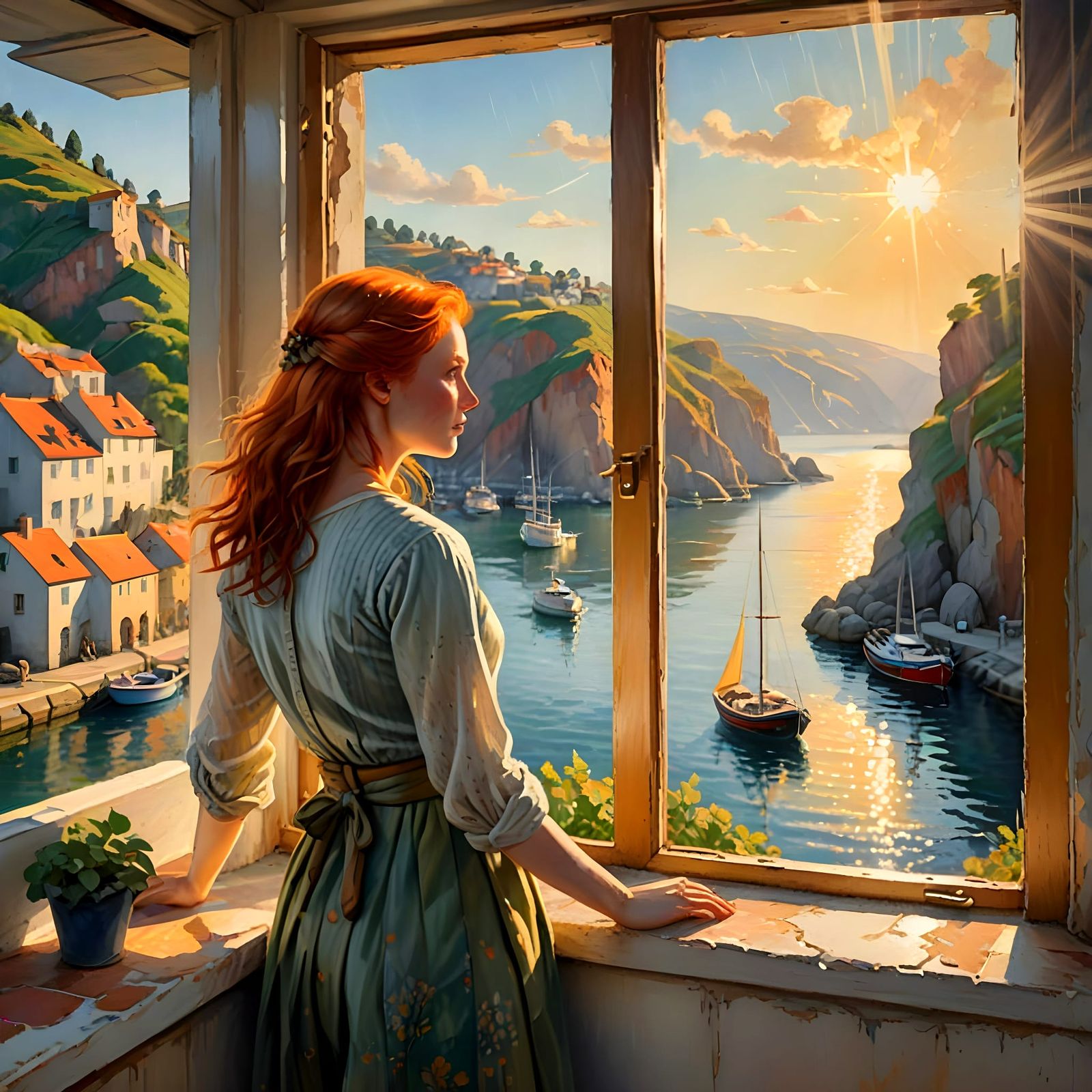 Redhead Gazes at Irish Harbor View