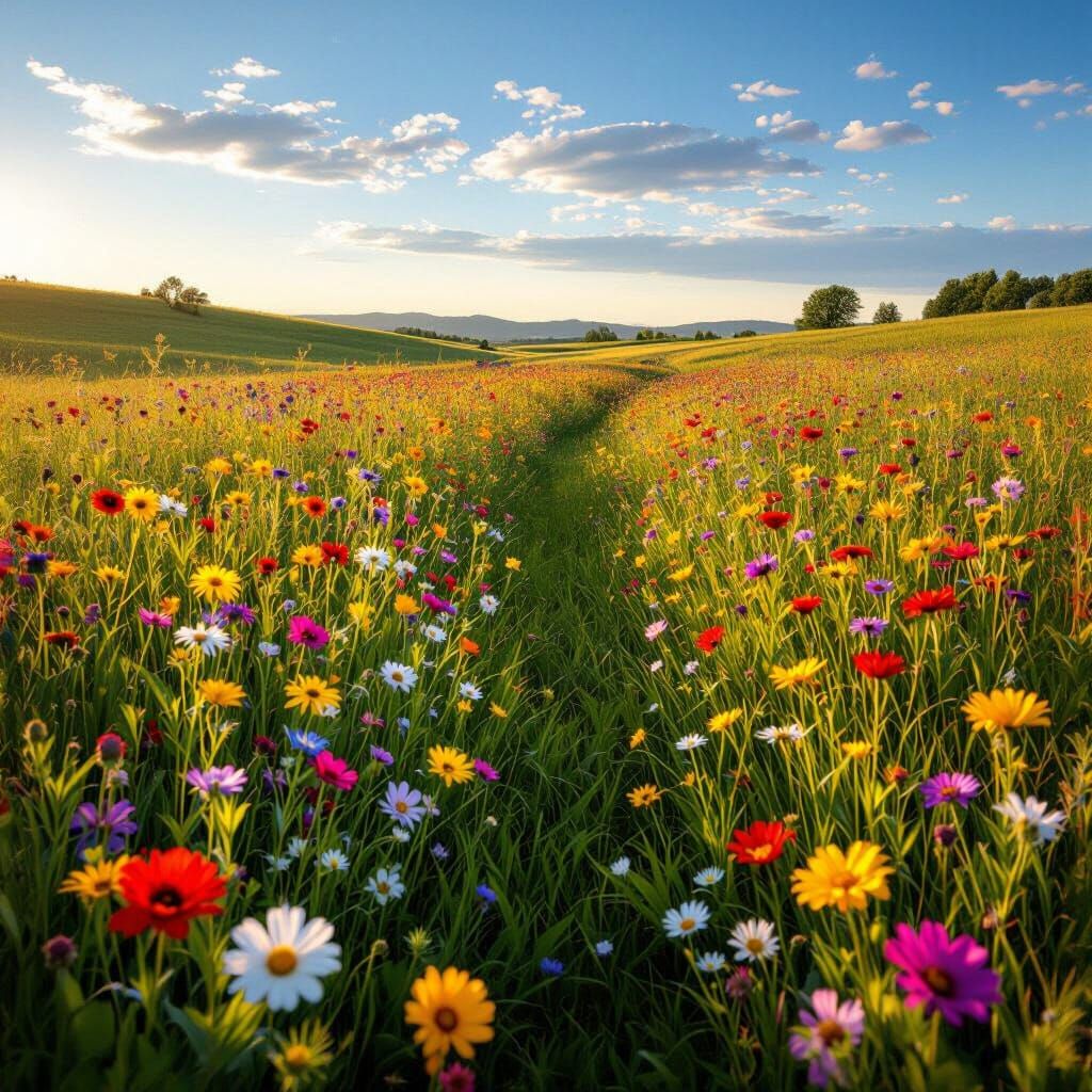 Vibrant Wildflower Meadow in Golden Hour Light