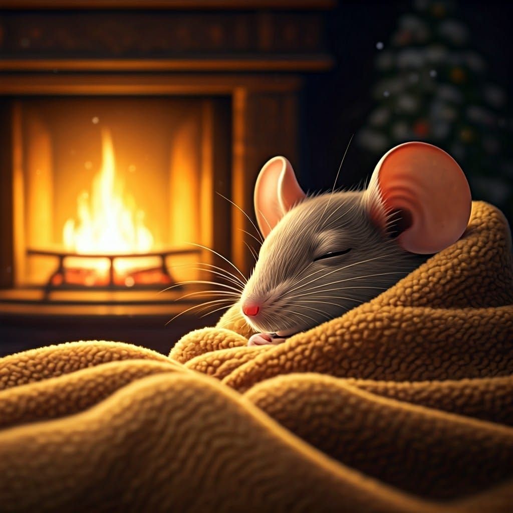 Mouse Sleeping by Fireplace in Cozy Winter Wonderland