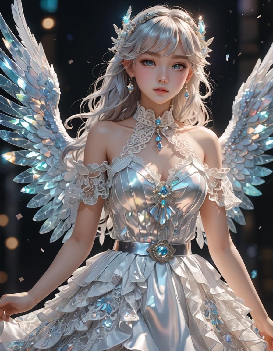 Iridescent Angel in Lace: Detailed 3D Anime Art