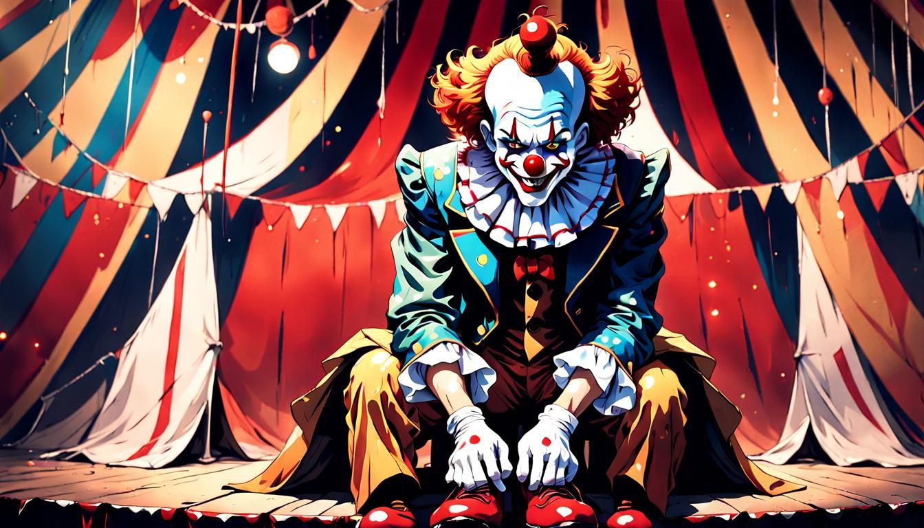 Sad Clown in Empty Circus Tent, Anime Style