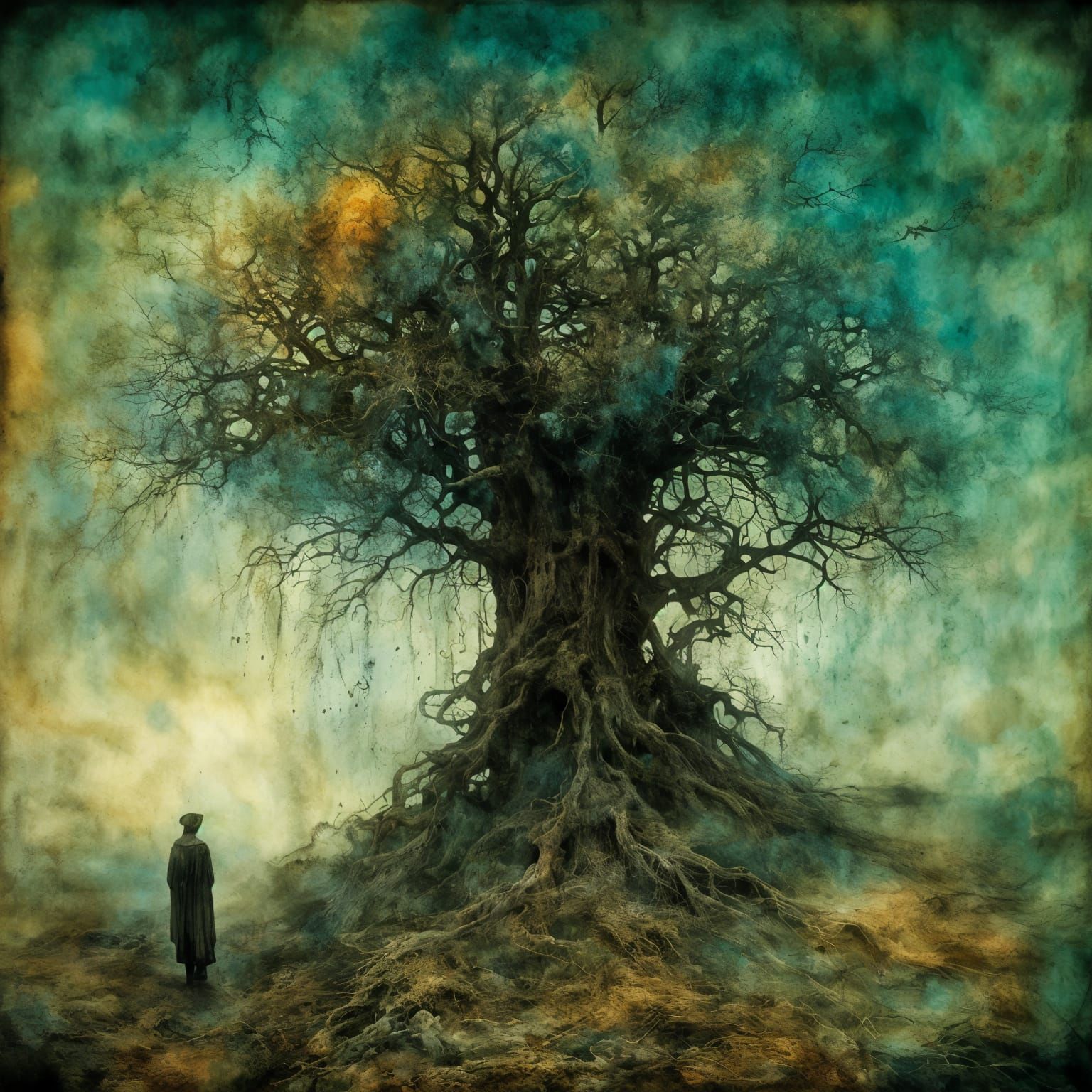 Ethereal Double Exposure of a Tree Silhouette