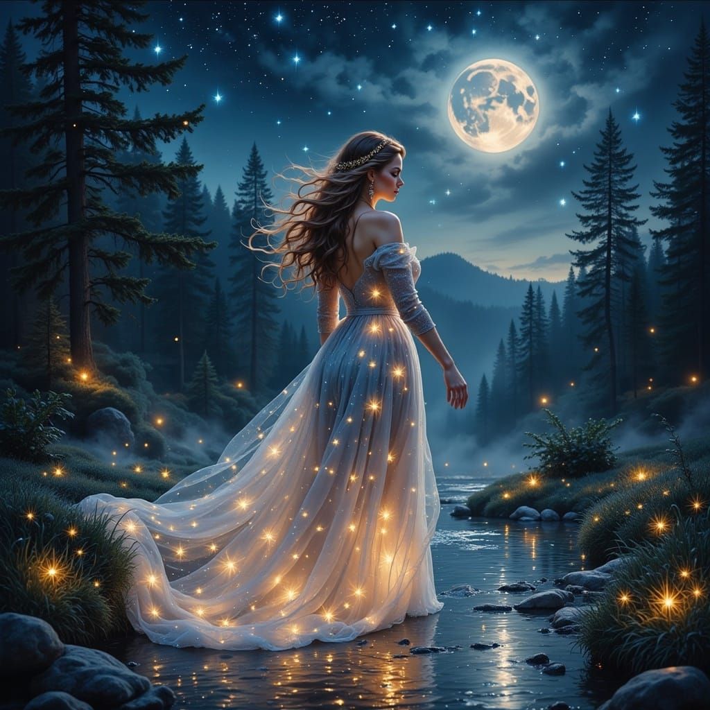 Enchanted Forest: Moonlit Woman by Azure River