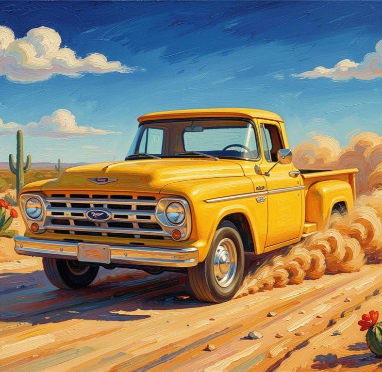 1956 Yellow Ford Pickup on Desert Road