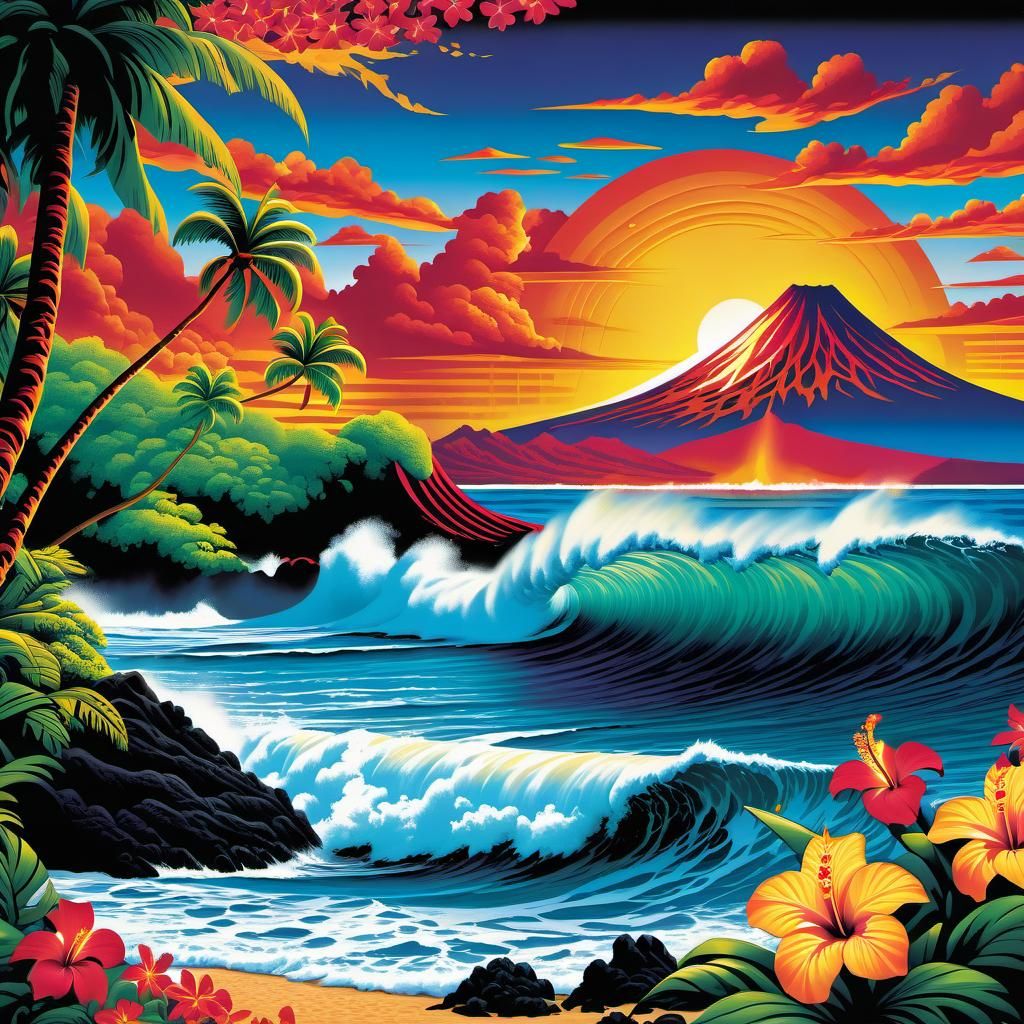 Hyper-Realistic Hawaiian Landscape with Volcano and Waves