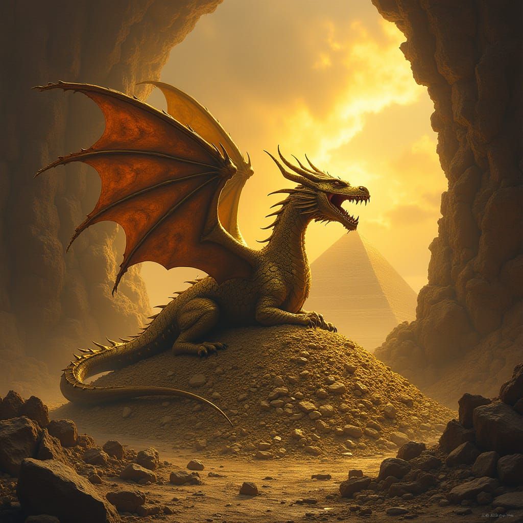 Majestic Winged Brass Dragon in Golden Dawn within Ancient D...