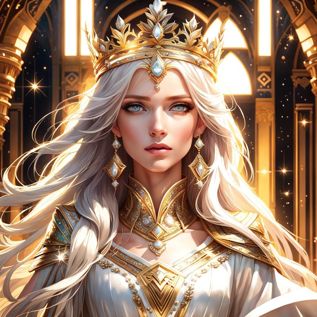 Elegant Woman in Sparkling White and Gold Dress