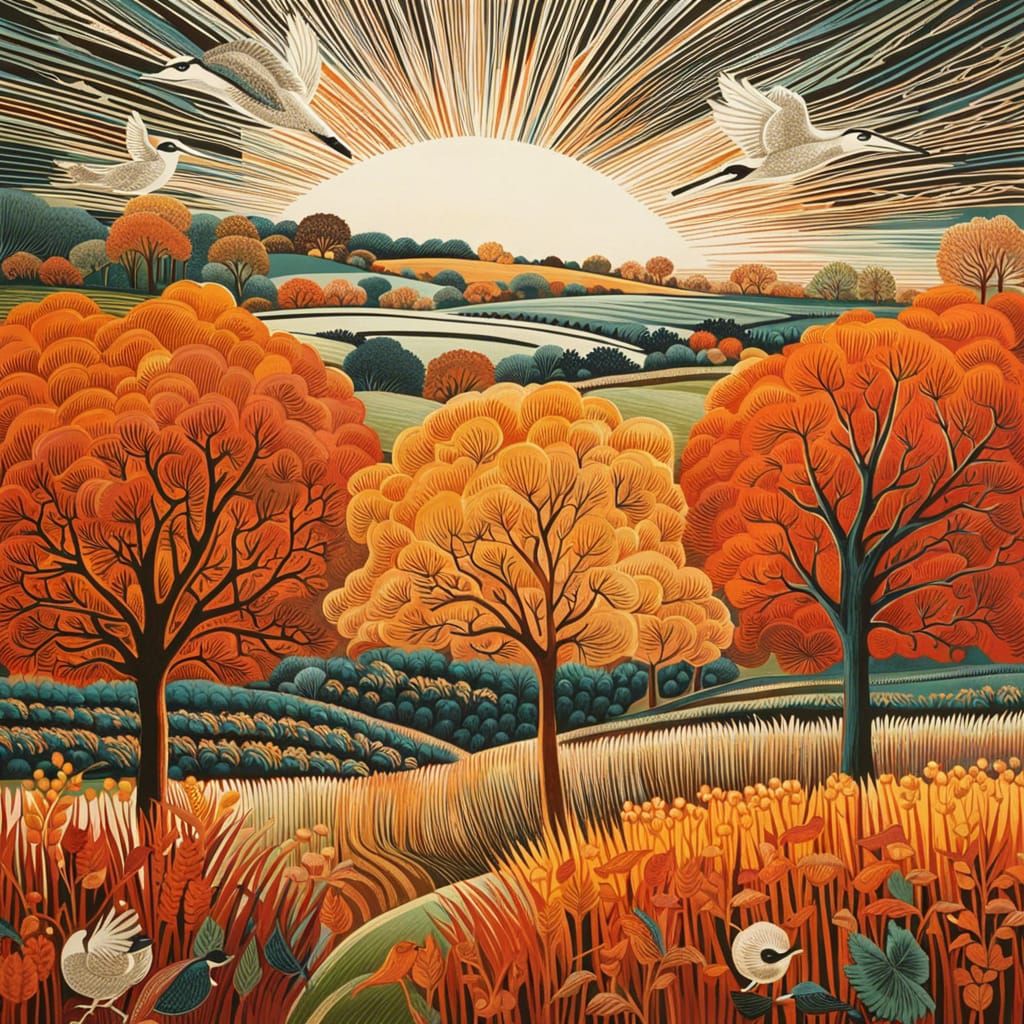 Autumn Landscape with Migratory Birds