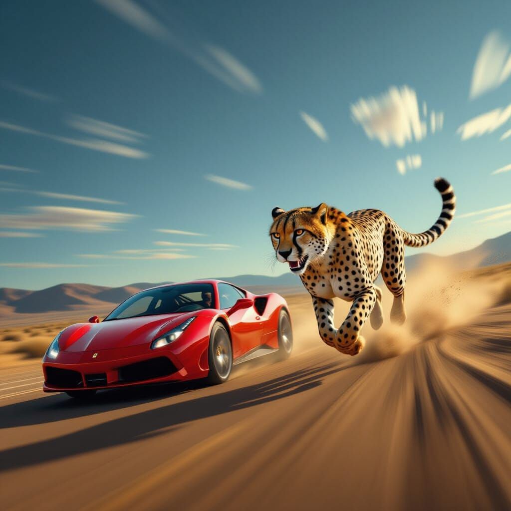 Cheetah Chasing Ferrari in Dynamic Digital Matte Painting