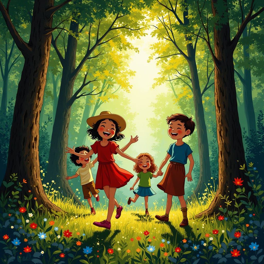 Surreal Forest Scene with Vibrant Children and Lush Greenery