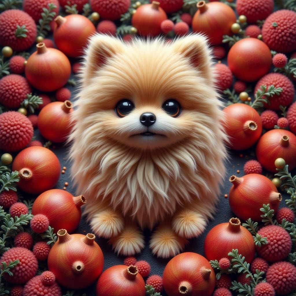 Pompadour Pomeranian in Pomegranate Garden
