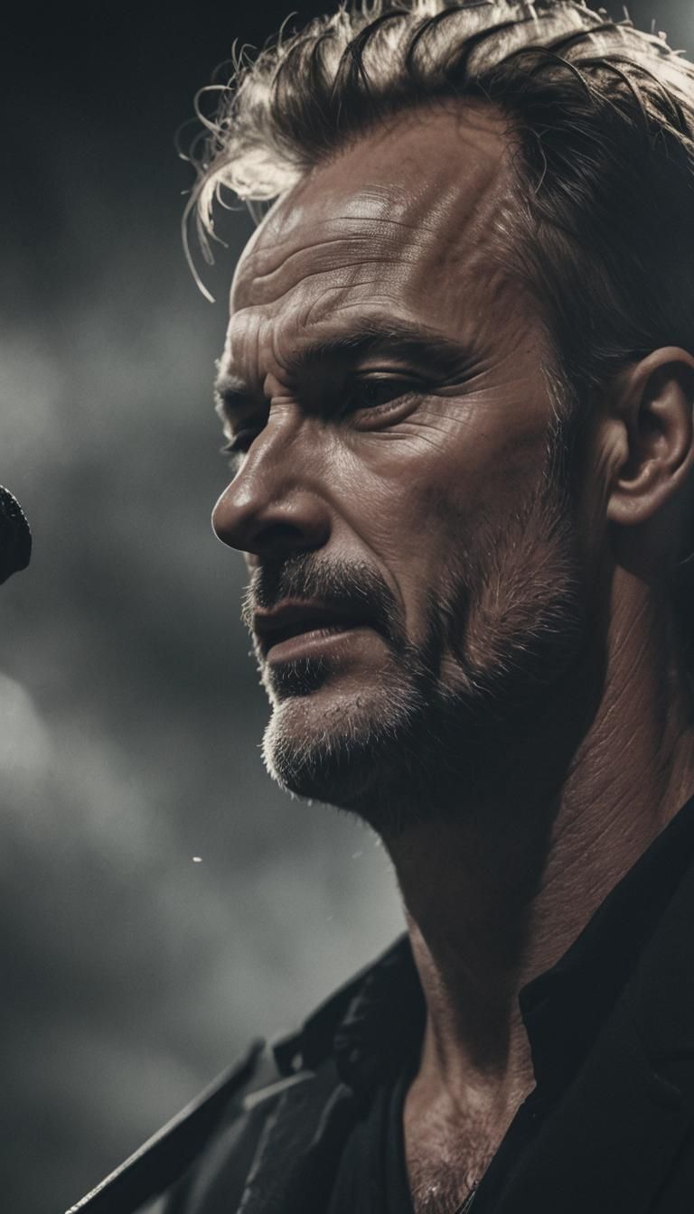 Monochrome Portrait of Sting Singing in Dim Light