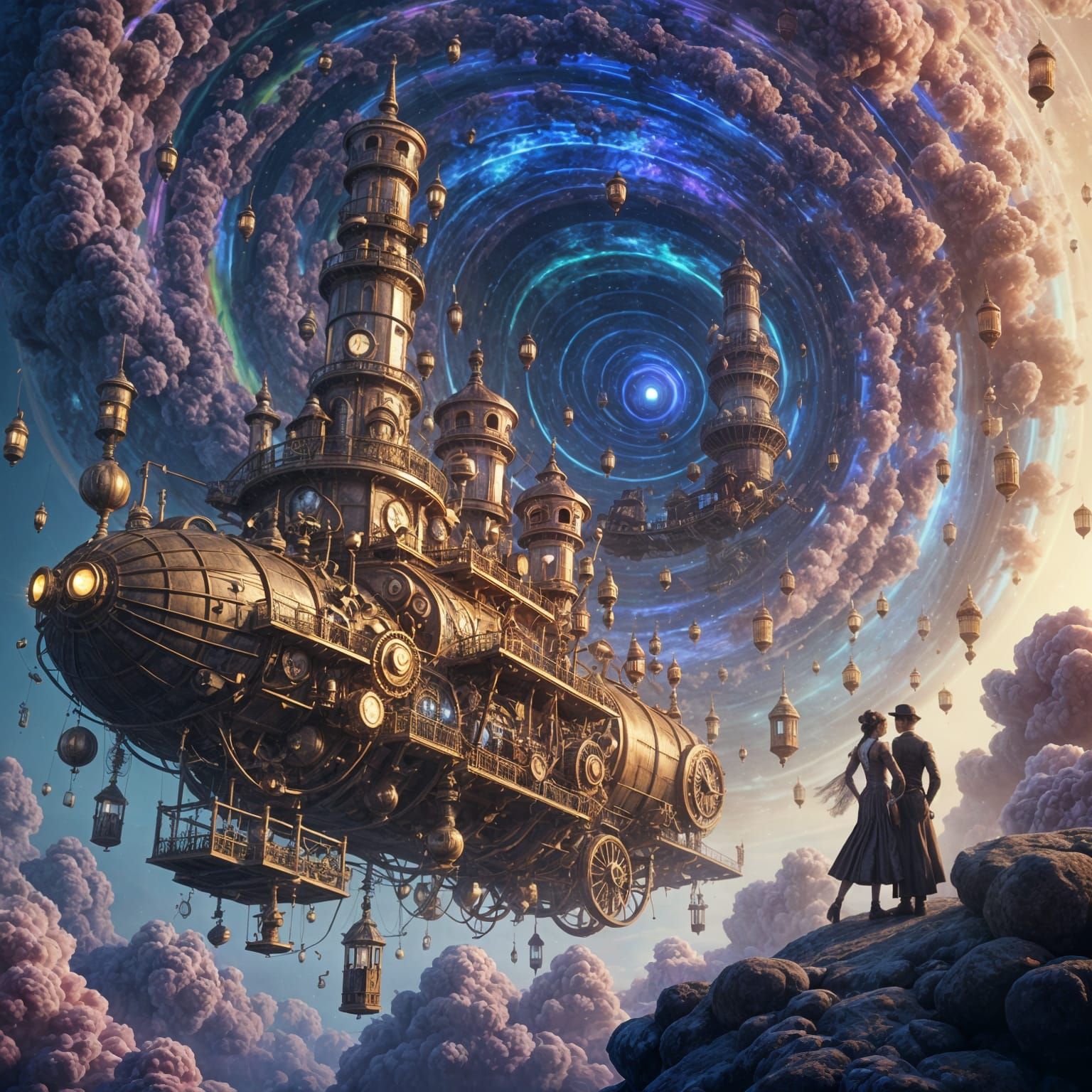 Steampunk Airship Glides Through Rainbow Vortex