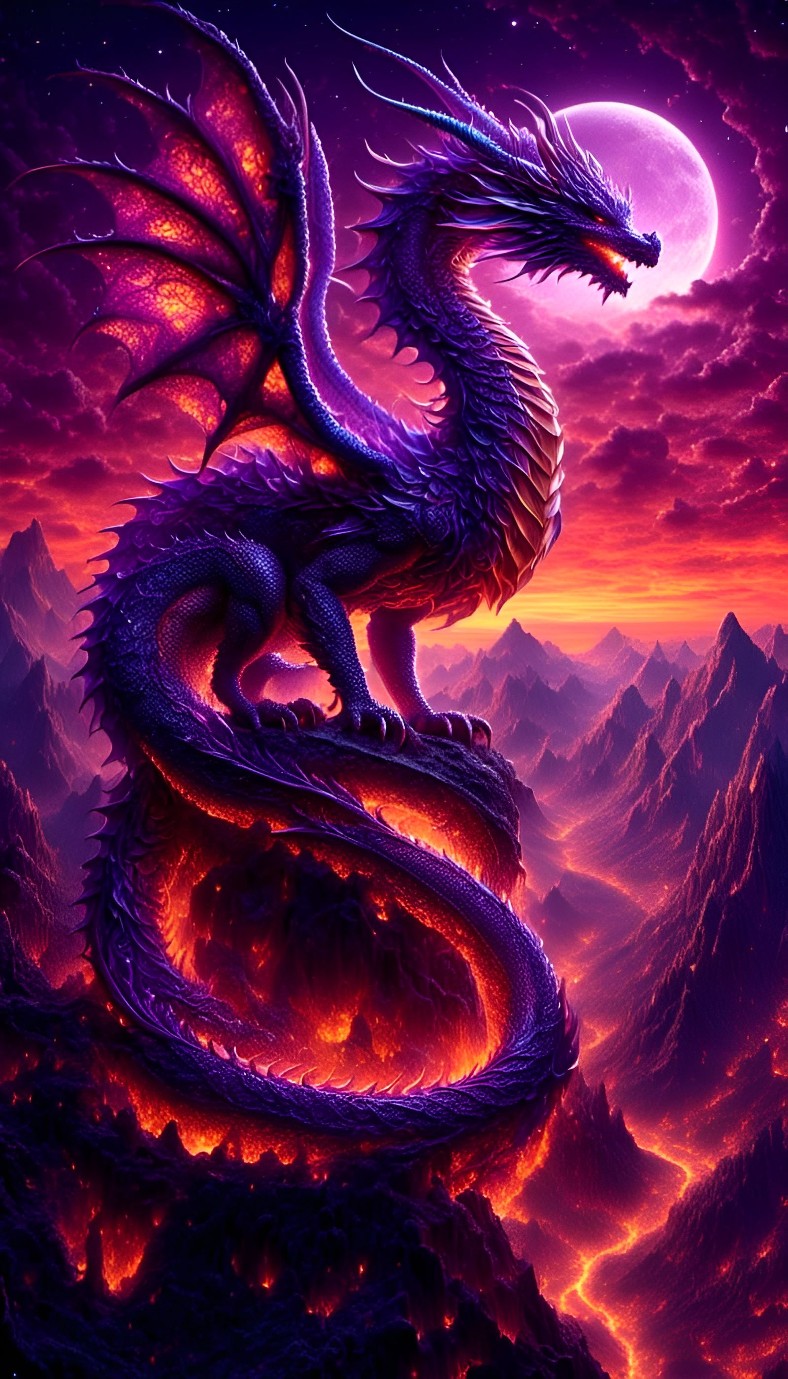 Purple Dragon Soaring Under Fractal Starry Sky